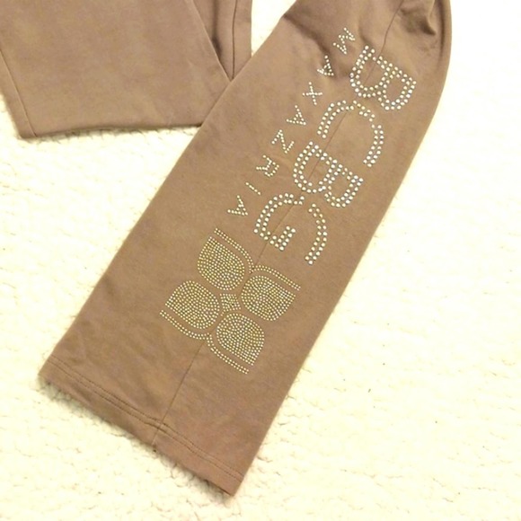 BCBGMaxAzria Lounge Pants Sz S Sparkle Studs Beads Letters TAUPE TAN - Picture 9 of 14